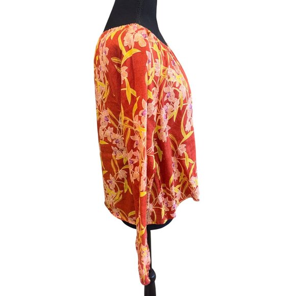 Floral Red Yellow 100% Linen Blouse Long Sleeves Rounded Hem Sustainable Cottage - Picture 5 of 8